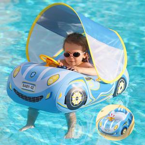 Baby Pool Float Baby Swimming Float with UPF50+ Adjustable Sun Protection Canopy, Inflatable Car Shaped Toddler Pool Floats Toys for Kids 6-48 Months (Blue)
