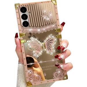 Samsung Galaxy S25 Glitter Kickstand Case, Cute Luxury 3D Bling Sparkly Diamond Butterfly with Foldable Stand Mirror Elegant Shockproof Protective Case for Women Girls for Galaxy S25, Pink