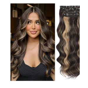 Clip in Hair Extensions PCS Brown mix Blonde Long Wavy Hairpieces 24Inch Hair Extensions Clip Ins Soft Synthetic Hairpieces for Women