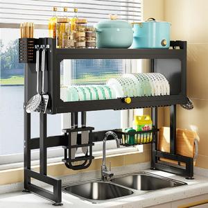 Over The Sink Dish Drying Rack, Dish Drainer Rack for Kitchen Counter with Semi-Clear Cover and Supplies Storage Holders 29.53inch (Black, 29.5in)