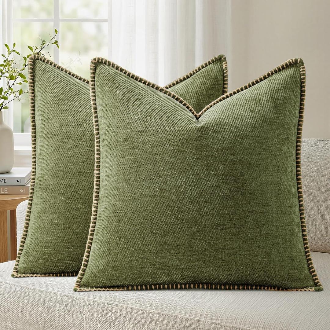 a moment Pack of 2 Decorative Chenille Throw Pillow Covers with Twill Cushion Covers for Sofa Living Room Couch Bed 22x22 Inch,Crafted Border Moss Green