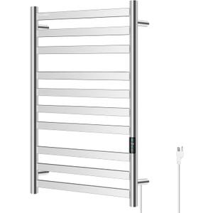 Heated Towel Rack for Bathroom, Towel Warmer with 10 Bar Flat Rack Large, Electric Hot Towel Rack Wall Mounted, LED Buit-in Timer, Hardwired or Plug-in, Stainless Steel, Fast Heating, Nickel