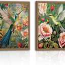 2Pcs Framed Vintage Hummingbird Wall Art, Floral Bird Wall Decor Paintings, Textured Nature Botanical Pictures Prints Aesthetic Home Decor for Living Room Bedroom Bathroom Office 16x24 inch