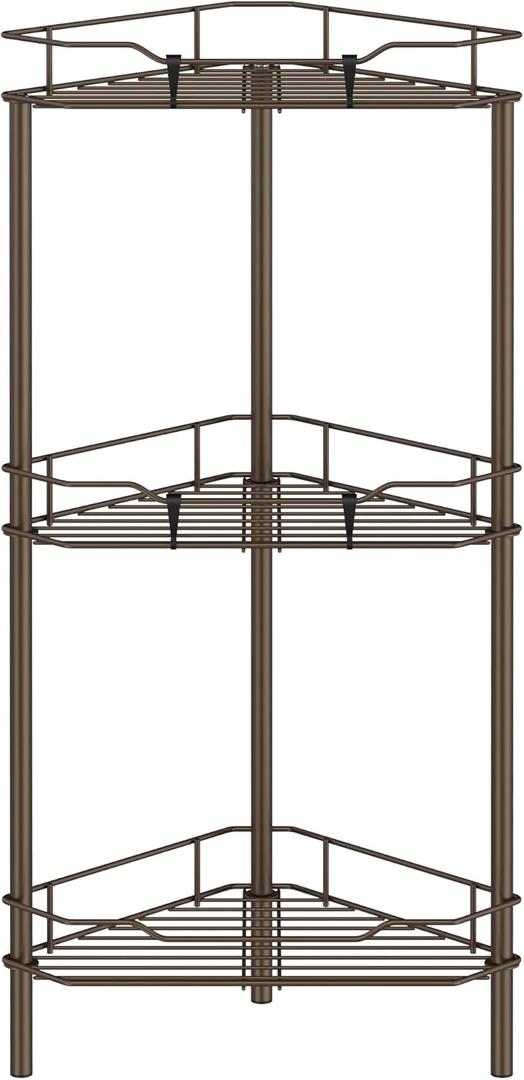HuggieGems 3 Tier Floor Standing Corner Shower Caddy Organizer Shelf with Hooks, Bathroom Shelves Stand Rack, Bronze
