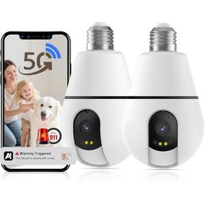 Light Bulb Security Camera, 5G/2.4GHz Lightbulb Security Cameras Wireless Outdoor for Home Security, Smart AI Motion Detection, US-Based Cloud Storage, 911 Calling Color Night Vision (2 Pack)