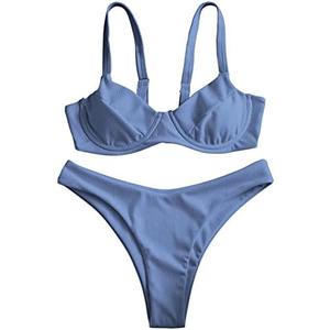 ZAFUL Women's Ribbed Underwire Bikini Set High Cut Colorblock V Notch Swimwear Printed High Leg Swimsuit, Small