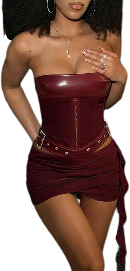 Sexy Two Piece Outfits for Women Off the Shoulder Leather Tube Top High Waist Ruched Mini Skirt Set Vacation Outfits, Medium