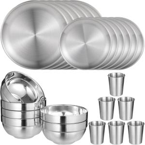 24 PCS Stainless Steel Dinnerware Set, Includes 12PCS 6.7 & 10.2 in Plates, 6 Pieces Bowls and 6 Pieces Cups, 304 Reusable Camping Mess Kits for Home Kitchen, Dorm and Outdoor Picnic (Silver)