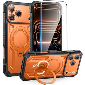 FNTCASE for iPhone 17 Pro-Max Case: [360 Spin Magnetic Ring Kickstand] [Compatible for MagSafe] [Screen Protector] Heavy Duty Military Grade Protection Protective Phone Case with Stand Orange