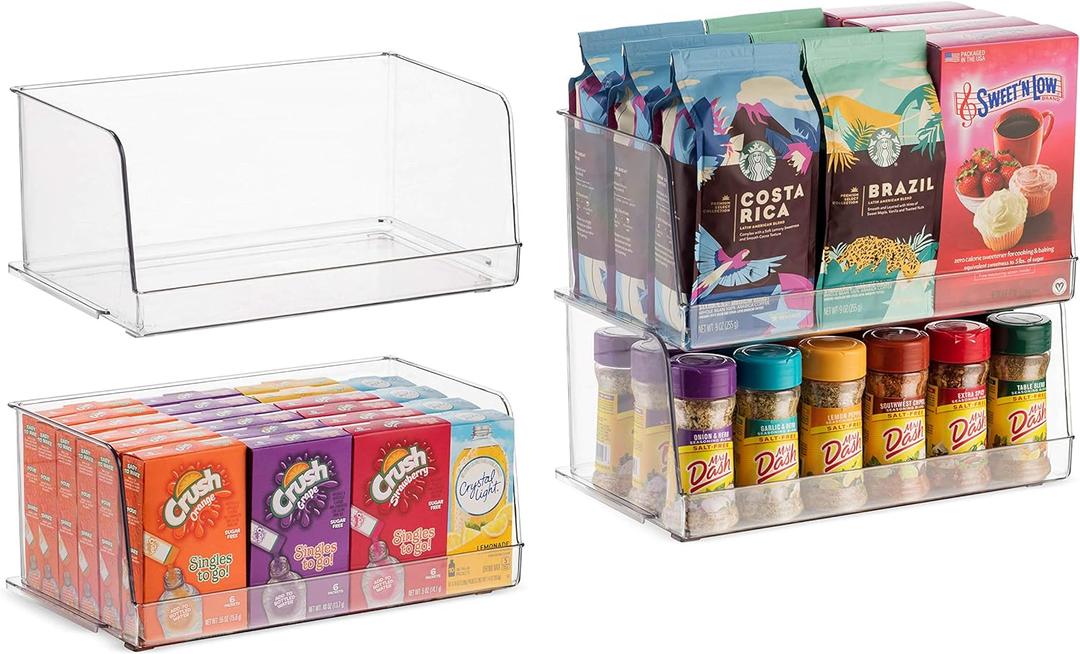Set Of 4 Clear Pantry Organizer Bins Stackable Household Plastic Food Storage Basket with Wide Open Front for Kitchen, Countertops, Cabinets, Refrigerator, Freezer, Bedrooms, Bathrooms - 12" Wide