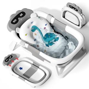 AVIDOR Baby Bathtub,Collapsible Bathtub for Newborn to Toddler,Durable Essential Infant Bath Tub,Portable Travel Baby Tub with Soft Bath Net,No-Slip Feet and Dinosaur Shaped (Grey)