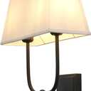 PERMO Transitional Double Sconce Indoor 2 Lights Sconces Black Wall Lighting with White Textile Fabric Square Shade Wall Sconces for Bedroom Bedside Living Room