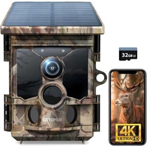 CEYOMUR 4K 30fps Solar Trail Camera, 68MP WiFi Trail Cam with 5200mAh Battery and 32GB TF Card, Game Camera with Night Vision 120 Detection Motion Activated IP66 Waterproof for Wildlife Scouting
