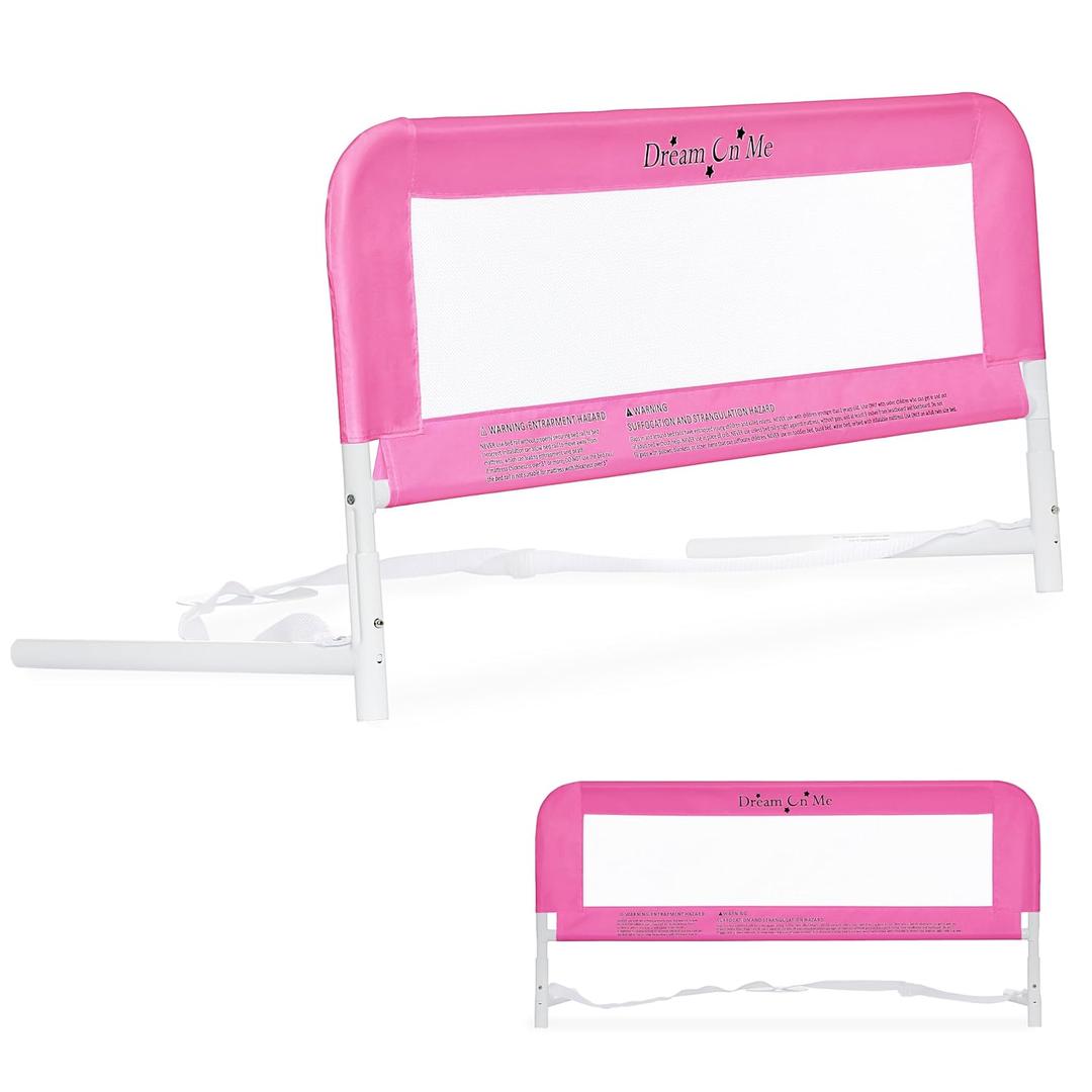 Dream On Me Mesh Security Bed Rail Toddler Safety Guard with breathable mesh, reinforced anchor system, lightweight, portable, fits adult twin-size beds, Pink