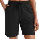 G Gradual Women's 7" Shorts with Deep Pockets Elastic Waist Bermuda Jersey Long Shorts for Woman Lounge Walking (Black,7",M)