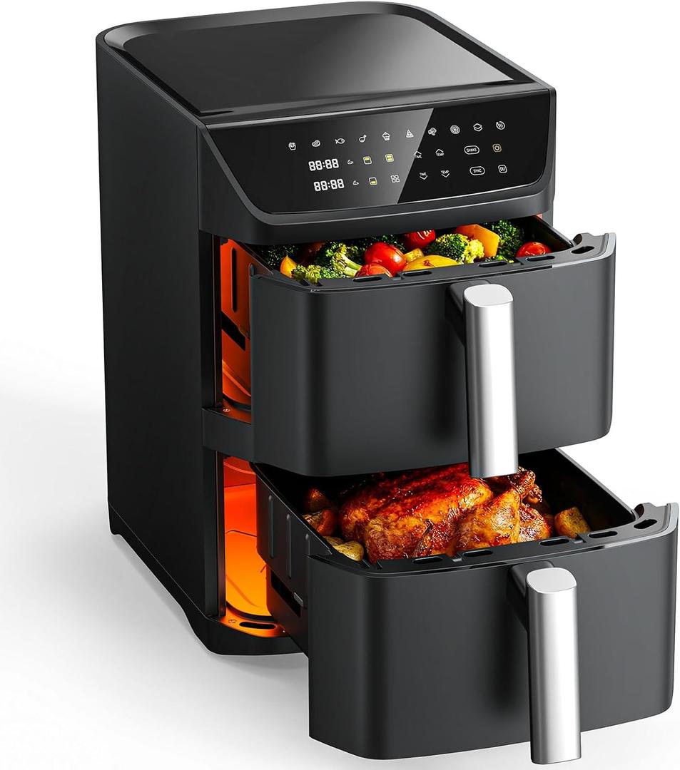 Dual Basket Air Fryer, 12.6QT Family-Size for 1012 People, XL Basket for 6LB Whole Chicken, DoubleStack Compact Design, 10-in-1 Functions with Reheat, Dehydrate & SyncFinish, Dishwasher-Safe, Black