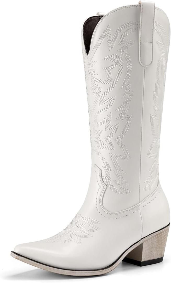 Athlefit Cowboy Cowgirl Boots for Women Fashion Low Chunky Heel Snip Toe Embroidery Western Mid Calf Boots, Size 5,5