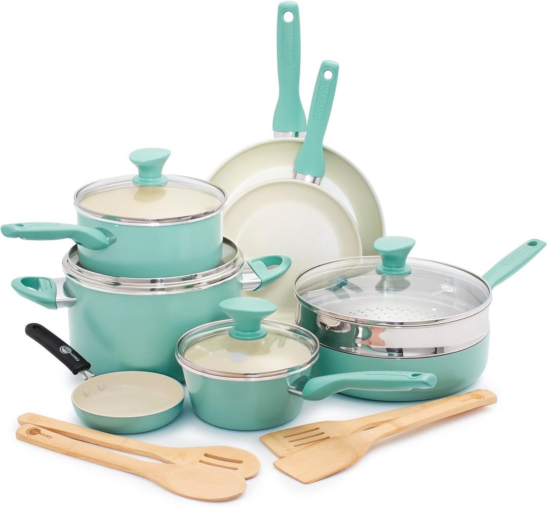 GreenPan Rio Healthy Ceramic Nonstick 13 Piece Cookware Pots and Pans Set, PFAS-Free, Dishwasher Safe, Turquoise