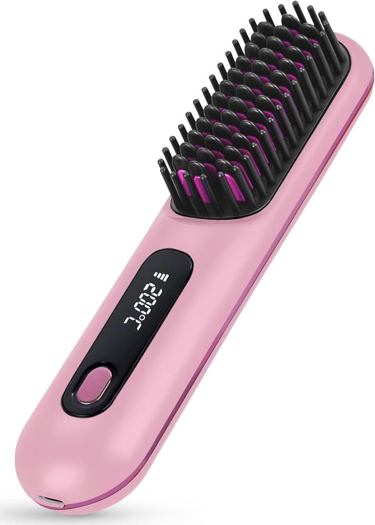 Go Brush Pro 2025 Upgrade Portable Cordless Hair Straightener Brush for Women (Pink)