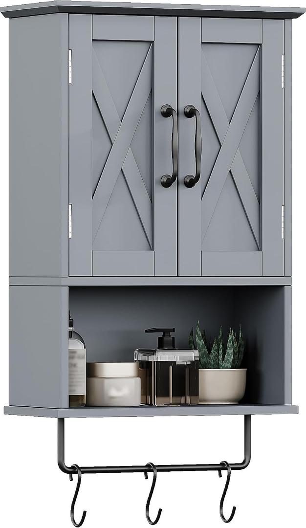 ChooChoo Farmhouse Medicine Cabinet, Bathroom Wall Cabinet with Adjustable Shelf, Towel Bar, 3 Hooks, Over The Toilet Storage Cabinet for Bathroom, Kitchen, Grey