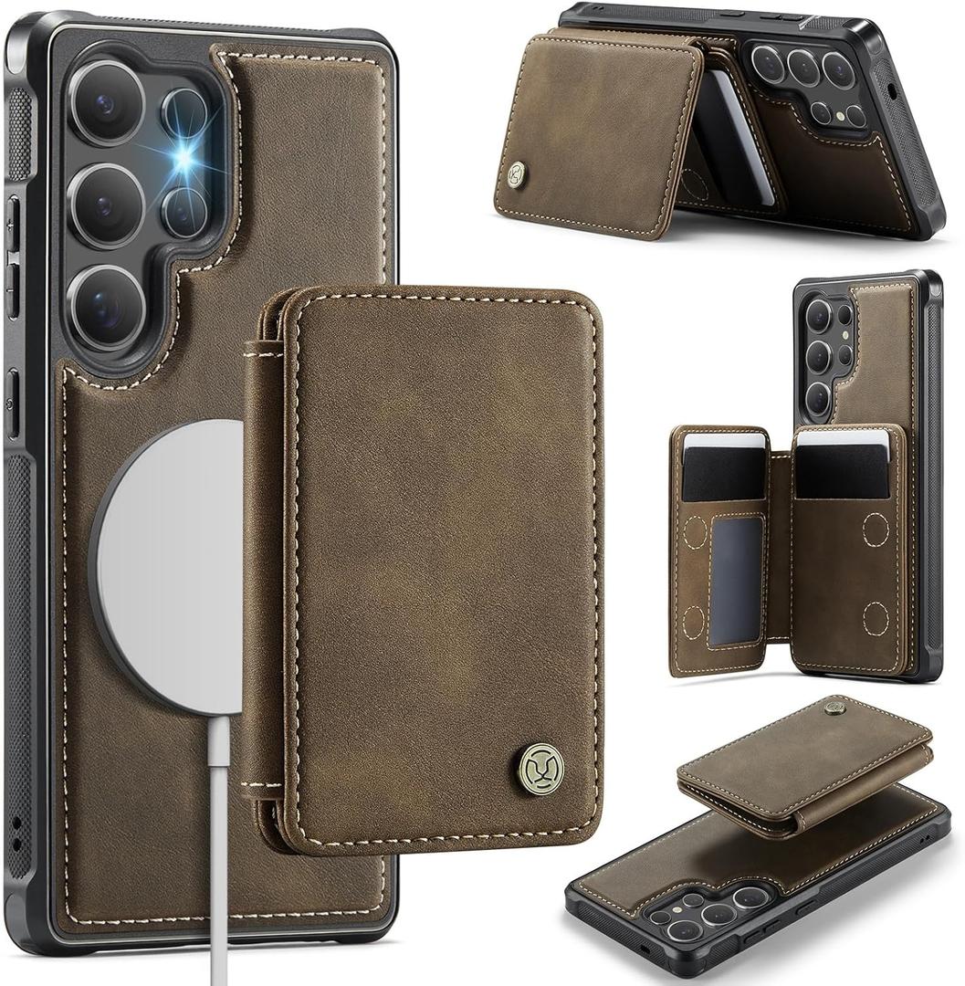 Compatible with Magsafe for Samsung Galaxy S25 Ultra Wallet Case Magnetic Card Holder, RFID Blocking 2 in 1 Detachable Kickstand Shockproof Case for Women Men, Brown