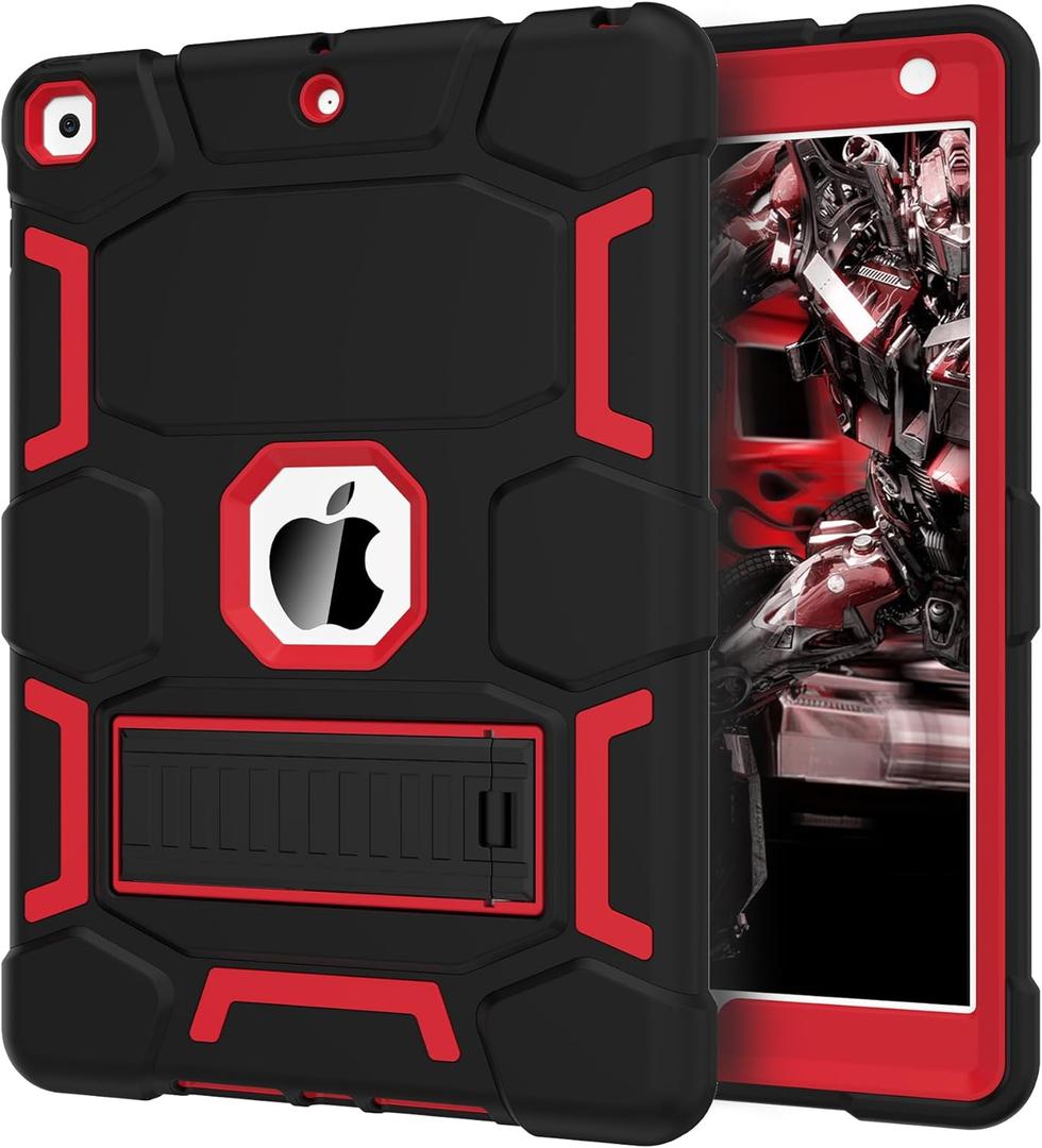CCMAO iPad 9th Generation Case, iPad 8th/7th Generation Case, iPad 10.2 2021/2020/2019 Case with Kickstand, Heavy Duty Shockproof Hard Hybrid Three Layer Protective Cover, Black+Red