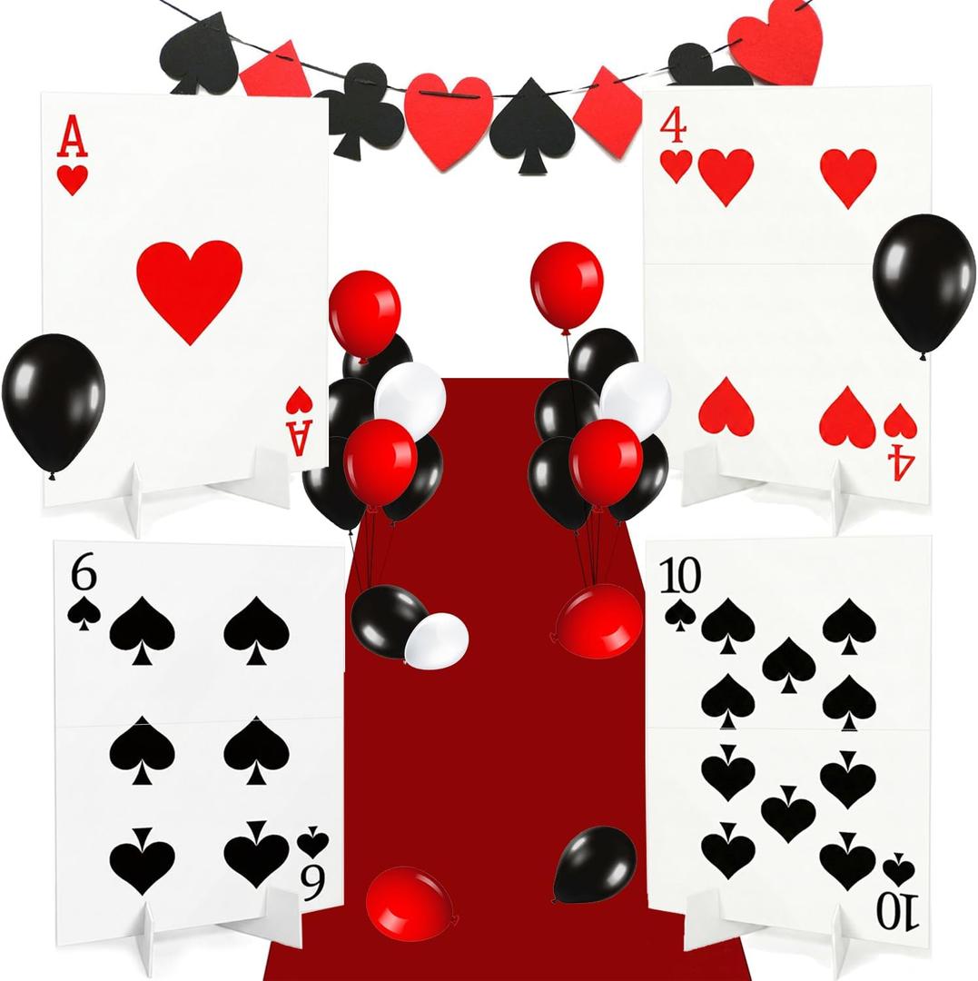 Casino Theme Yard Signs Set, 4 Giant Playing Card Lawn Signs with Stakes & Bases, Red Carpet Runner, Balloon Set & Poker Banner, Outdoor Casino Party Decorations