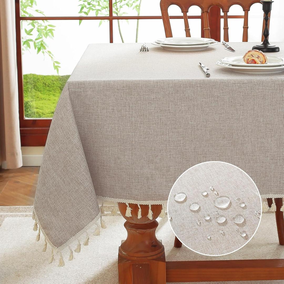meioro Rectangle Tablecloth, Water Resistant Tassel Table Cloth Wipe Clean Table Cover, Polyester Waterproof Large Tablecloths for Kitchen Dinning Decoration (Khaki, 39''x55'')