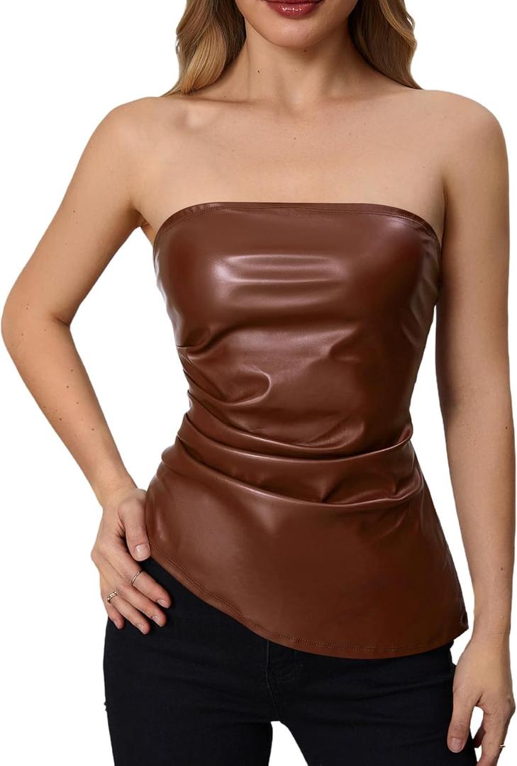MakeMeChic Women's Leather Corset Tops Strapless Tube Asymmetrical Ruched Backless Crop Going Out Tops (Brown), Small