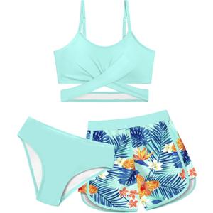 Girls Swimsuit 3 Piece Bathing Suit Criss Cross Bikini Set Girls' Swimwear with Shorts (13-14 Years, Coral Blue)