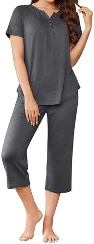 Ekouaer Womens Pajama Sets Ruffle Short Sleeve Sleepwear Top and Capri Pants Pjs Set Comfy 2 Piece Lounge  Size L Ekouaer Womens Pajama Sets Ruffle Short Sleeve Sleepwear Top and Capri Pants Pjs Set Comfy 2 Piece Lounge  Size L