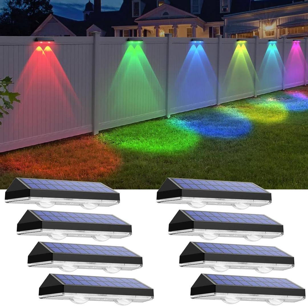 Solar Fence Lights Outdoor - Warm White & RGB 6 Color, Dusk to Dawn Solar Deck Light, Solar Lights Outdoor IP65 Waterproof, Garden Lights for Outside/ Backyard/ Railing/ Step/ Patio/ Wall (8 Pack)