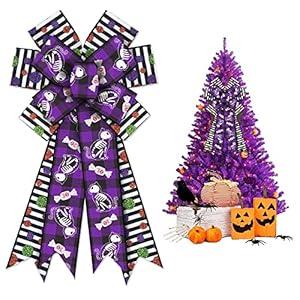 ABTOLS Large Halloween Wreath Bows, Black White Stripe Buffalo Bows for Wreath Orange Velvet Bows for Front Door Halloween Pumpkin Tree Topper Bows for Halloween Party Home Indoor Outdoor Decor