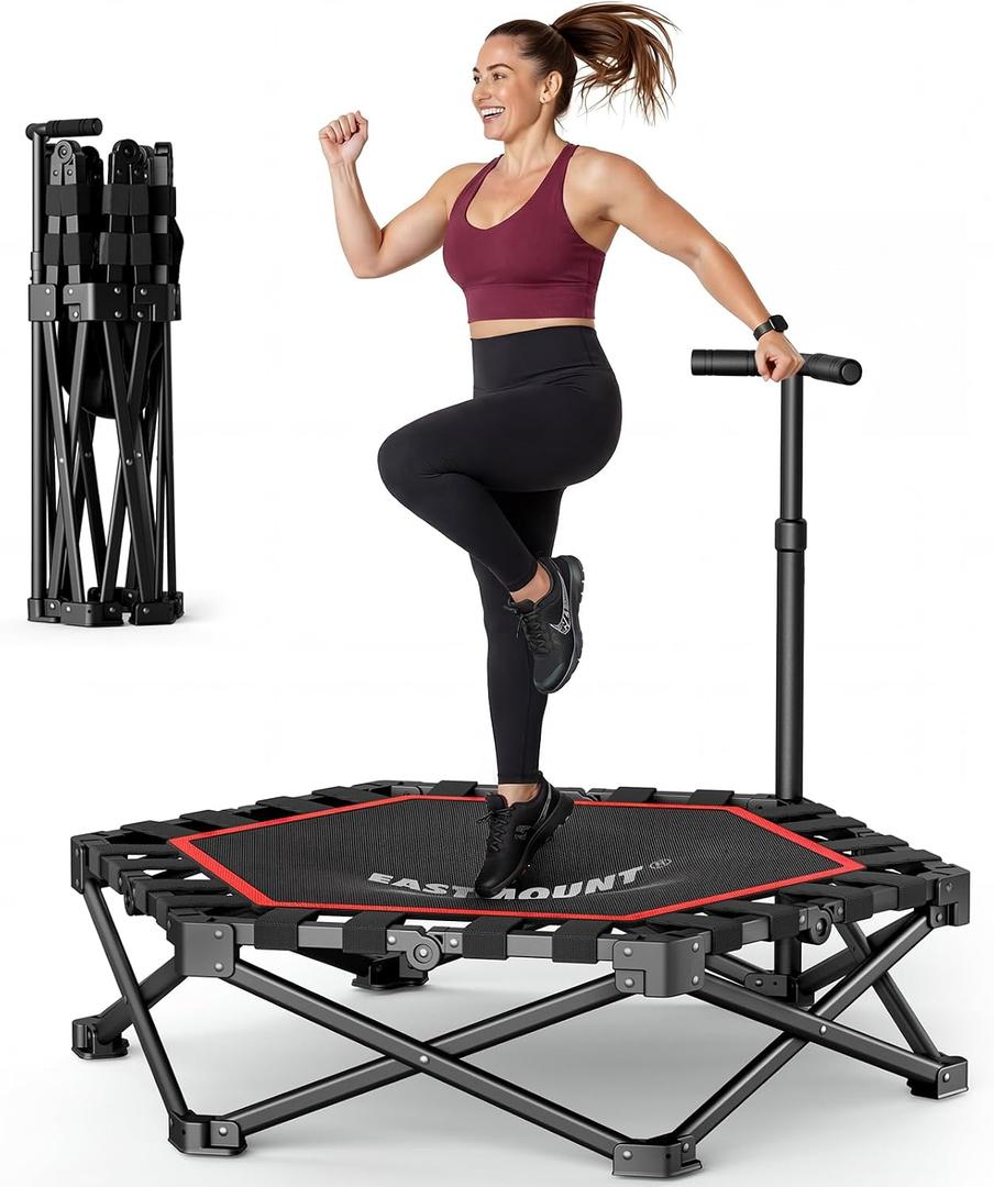 EAST MOUNT 42" Foldable Mini Trampoline for Adults, Quiet Fitness Rebounder with Adjustable Handle, No-Assembly Indoor Exercise Trampoline, 450LBS Capacity