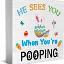 2 x He Sees You When You'Re Pooping Wooden Box Sign, Home Bathroom Decor, Farmhouse Kitchen Bathroom Shelf Table Decoration, Easter Decorations Gift 5 x 5 Inch