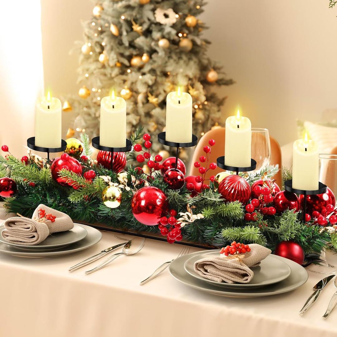 Christmas Tabletop Centerpiece 30 Inch Christmas Poinsettia Candle Holder with 5 Candle Artificial Table Decorations with Red Berries Gold Plants(Red Ball)