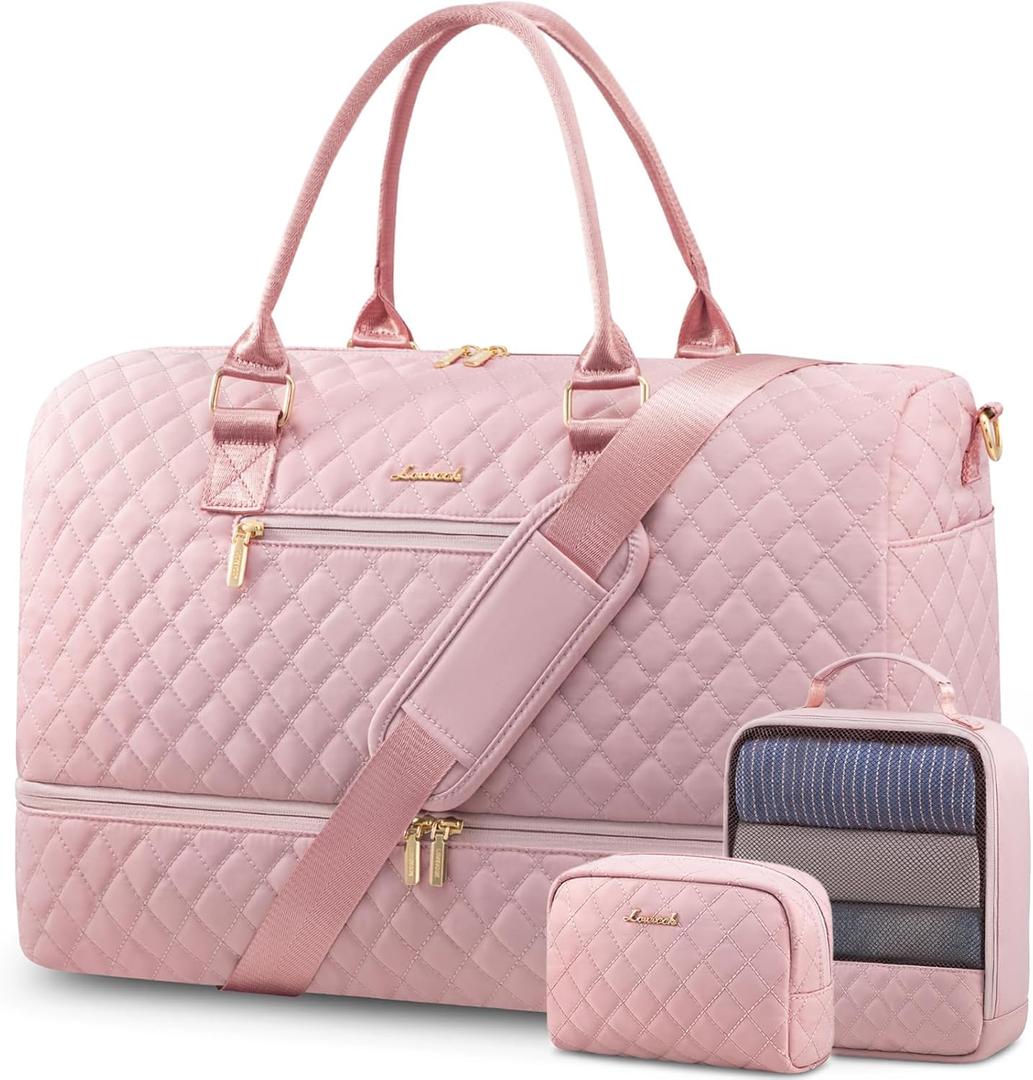 LOVEVOOK Travel Duffle Bag for Women, Weekender Overnight Bag with Shoe Compartment, Carry on Bag with Toiletry Bag, Gym Duffel Bag with Wet Pocket, Hospital Bags for Labor and Delivery 3 Pcs Set (X-Large, Light Pink)