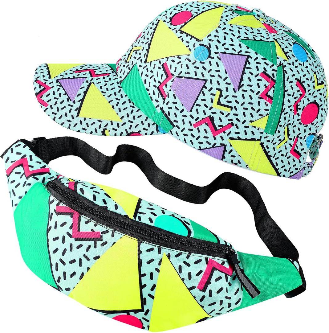 Sotiff 2 Pcs Retro 80s 90s Outfits for Women Men 80s Fanny Pack and Hat 90s Costumes Adjustable Waist Bag Bucket Hats for Themed Party(Fresh Style), One Size