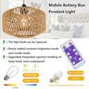 Battery Operated Pendant Light Outdoor Chandelier for Gazebo Hanging Lamp with Remote Timer Powered by 4*AA Batteries Boho Rattan Lampshade LED Lantern for Garden Farmhouse Porch Patio Backyard Decor