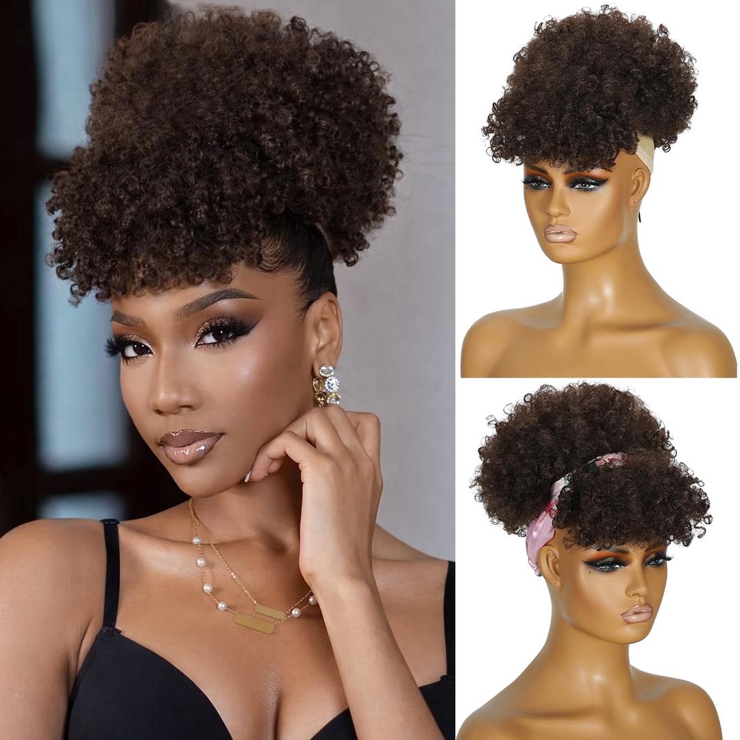 Afro Puff Drawstring Ponytail with Bangs,Short Dark Brown Kinky Curly Synthetic PonyTails Extensions Drawstring Ponytail for Black Women Hair Bun Fluffy Updo for Daily Party Use 4#