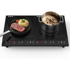 Double Induction Cooktop,Portable Induction Cooker with 2 Burner Independent Control,Ultrathin Body,10 Temperature,1800W-Multiple Power Levels,3 Hour Timer,Safety Lock