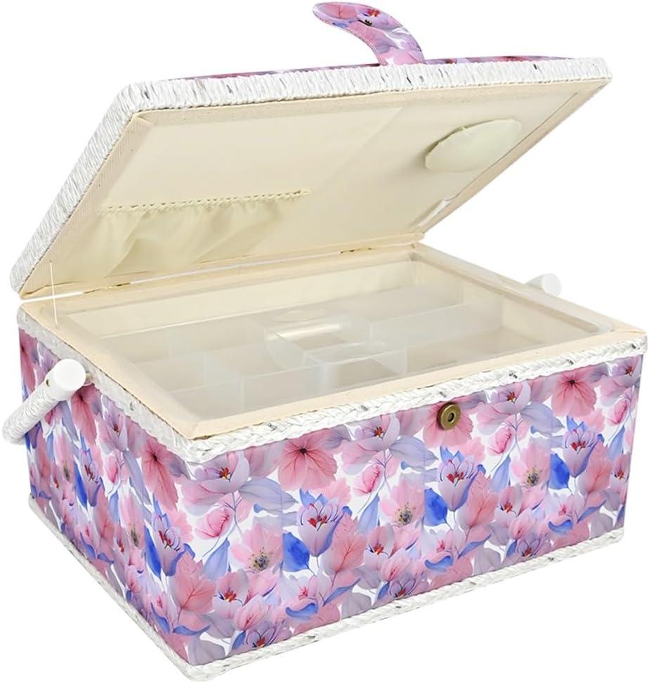 Wooden Sewing Basket, Beginner Professional Sewing Organizer with Removable Tray for Craft Mending, Ideal for Needles Thread Scissors Tape Measure Thimble and Other Sew Accessories, Blue Pink