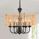 Rattan Farmhouse Chandeliers, 6-Light 22" Wide Boho Pendant Light, Hand Woven Wicker Rustic Chandeliers for Dining Room, Kitchen Island, Living Room, Bedroom, Foyer (Black+Earthy yellow lampshade-6-Light)