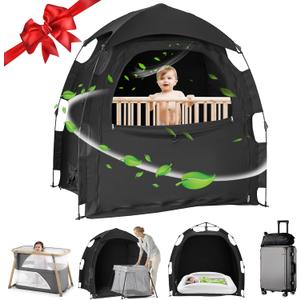 Sleep Tent for Pack N Play, Baby Sleep Tent One-Click Assembly Effective Light Blocking Tent for Kids, Breathable Sleep Pod, Mini Crib and Pack N Play Light Blocking Tent for Babies and Toddlers (Black)