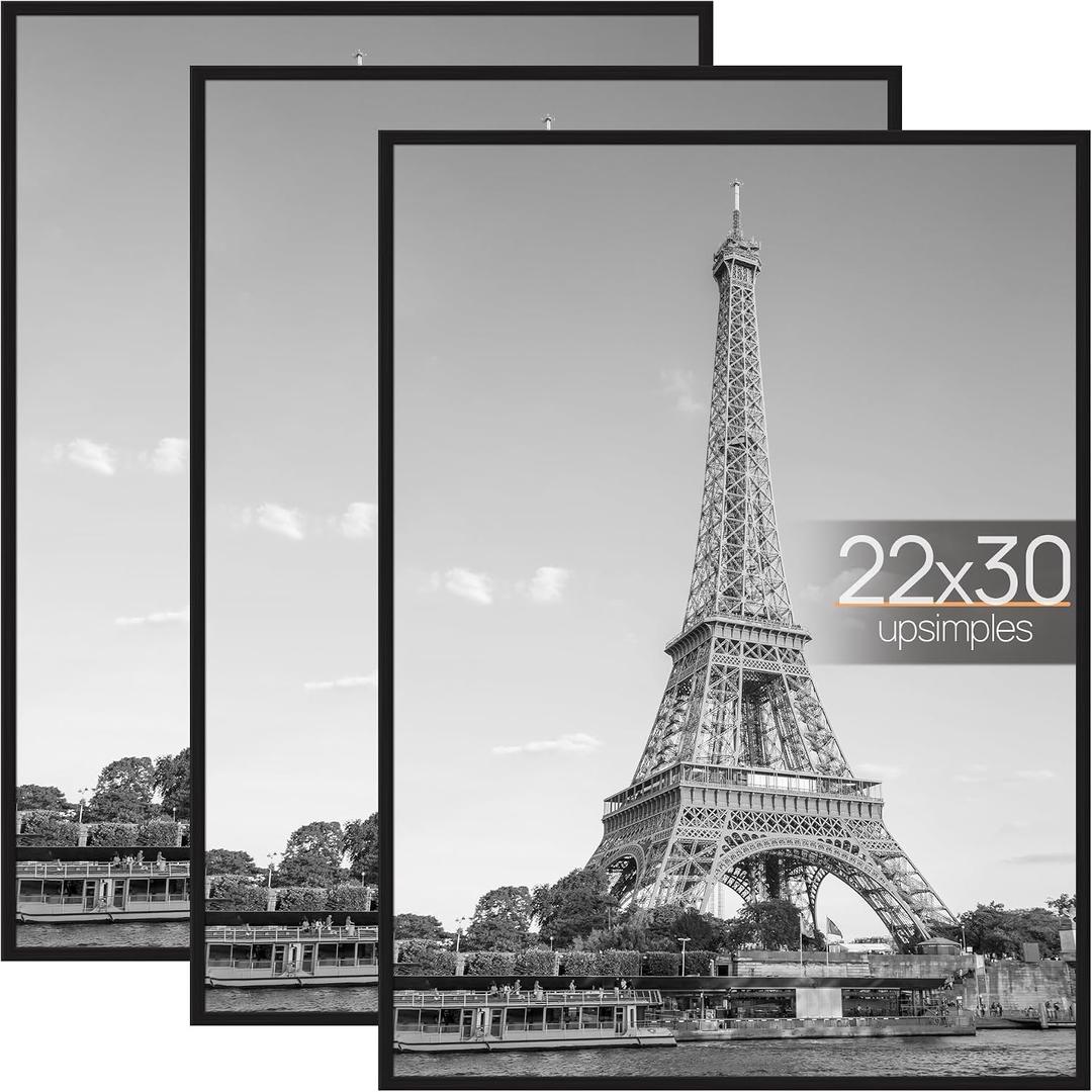 upsimples 22x30 Picture Frame Black 3 Pack, Scratch-Proof Picture Frames 22 x 30 for Photo Gallery - Slide-in Strips, Horizontal or Vertical Wall Mounting