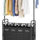 Tajsoon Laundry Sorter Cart with Hanging Clothes Rack, 4 Butler Sorter Basket Organizer, Laundry Hamper Cart with Heavy Duty Rolling Lockable Wheels, Black