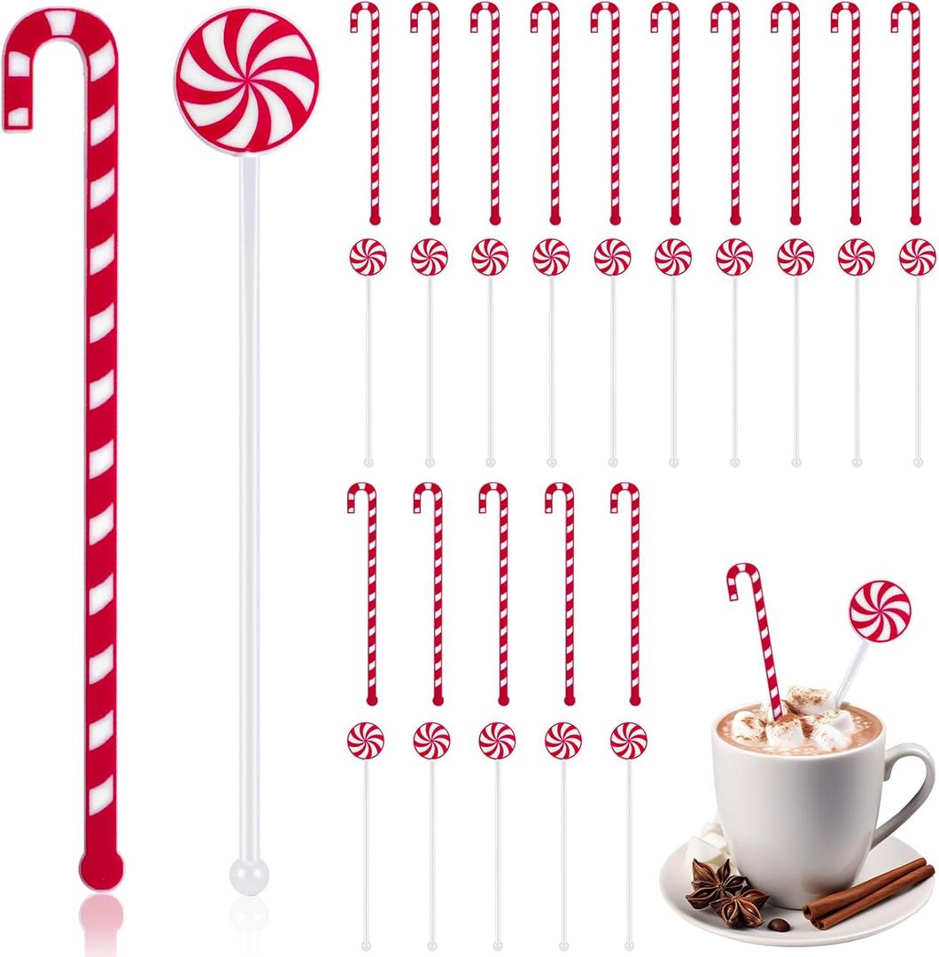 FYSUIMU 40Pcs Christmas Drink Stirrers Xmas Candy Cane Stir Sticks Red White Lollipop Reusable Holiday Coffee Hot Cocoa Swizzle Sticks Cocktail Mixer for Chocolate Bar Beverage Party Supplies