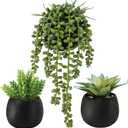 Winlyn Set of 3 Artificial Succulents Plants in Black Cement Planters Faux Potted Plants Aloe String of Pearls Donkey Tail Small House Plants 5" Tall for Table Shelf Home Office Bathroom Living Room