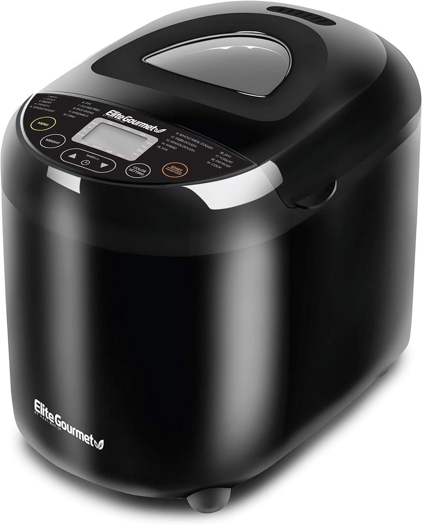 Elite Gourmet Programmable Bread Maker, 2 lb Loaf, 3 Sizes, 19 Presets incl., Gluten-Free, Dough & Jam, Delay Timer, Black