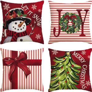 AVOIN colorlife Merry Christmas Let It Snow Joy Stripes Gift Box Red Throw Pillow Covers, 18 x 18 Inch Xmas Tree Holiday Cushion Case Decoration for Sofa Couch Set of 4